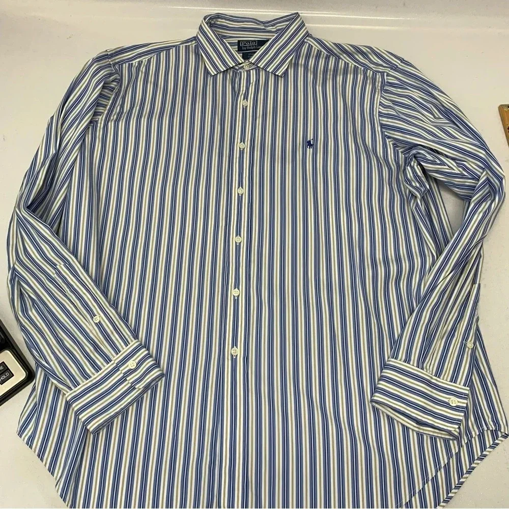 Polo Ralph Lauren Shirt Men‎ XXL  Stanton Classic Blue Stripe Pony 100% Cotton